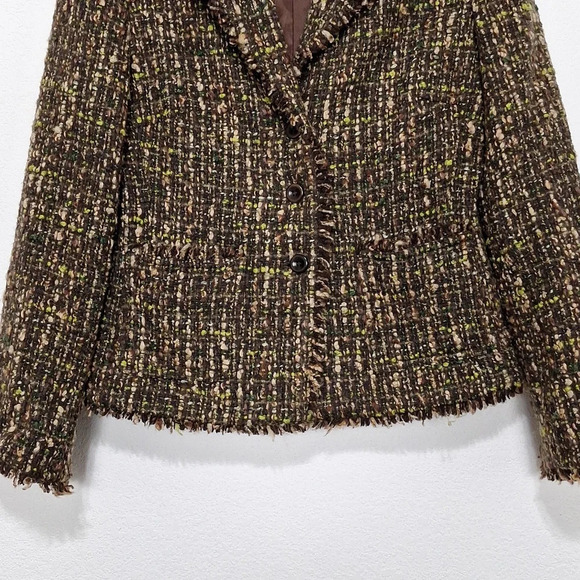 J. Jill Brown Preppy Corpcore Wool Blend Nubby Tweed Fringe Blazer Jacket Size 6 - Picture 3 of 12